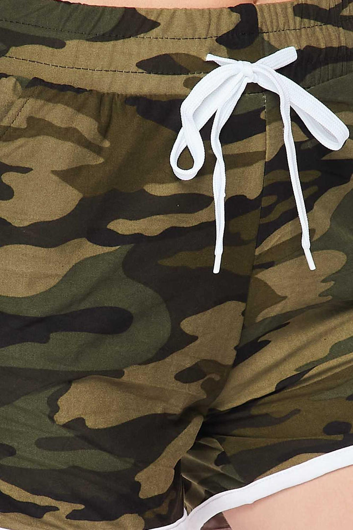 Buttery Smooth Green Camouflage Drawstring Waist Dolphin Shorts with Pockets - Plus Size - 1XL 2XL 3XL
