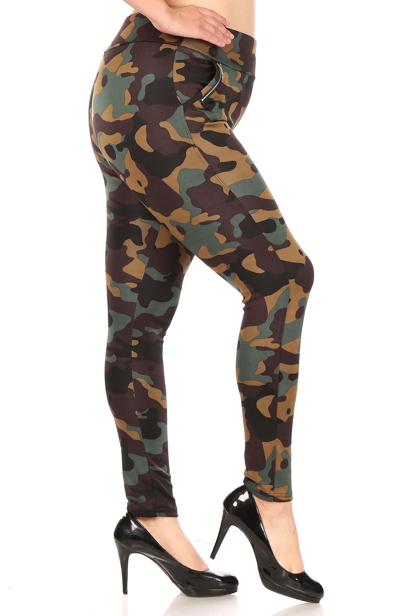 Brown Camouflage High Waisted Treggings with Zipper Accent Pockets - Plus Size - 1XL 2XL 3XL