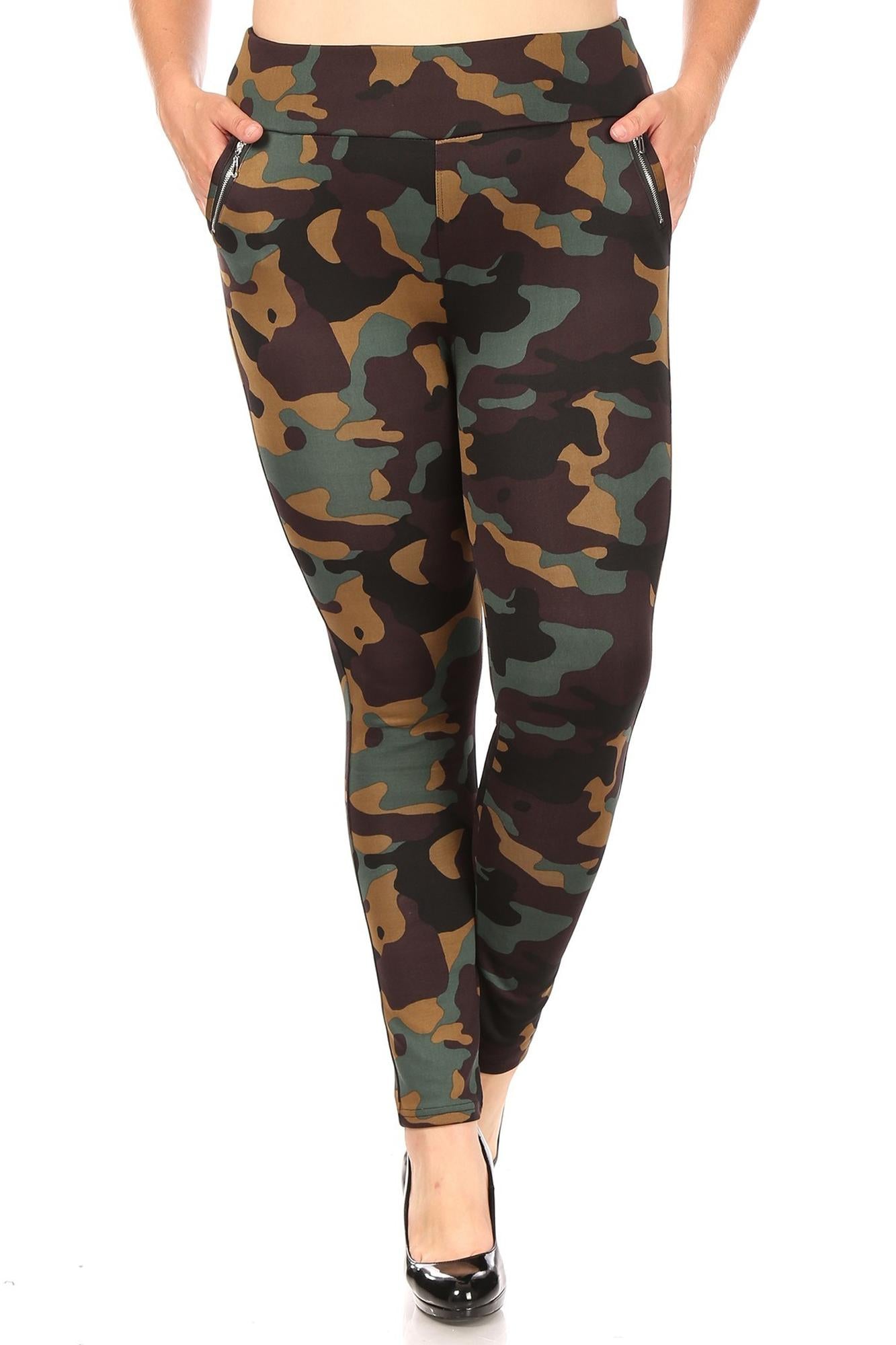 Brown Camouflage High Waisted Treggings with Zipper Accent Pockets - Plus Size - 1XL 2XL 3XL