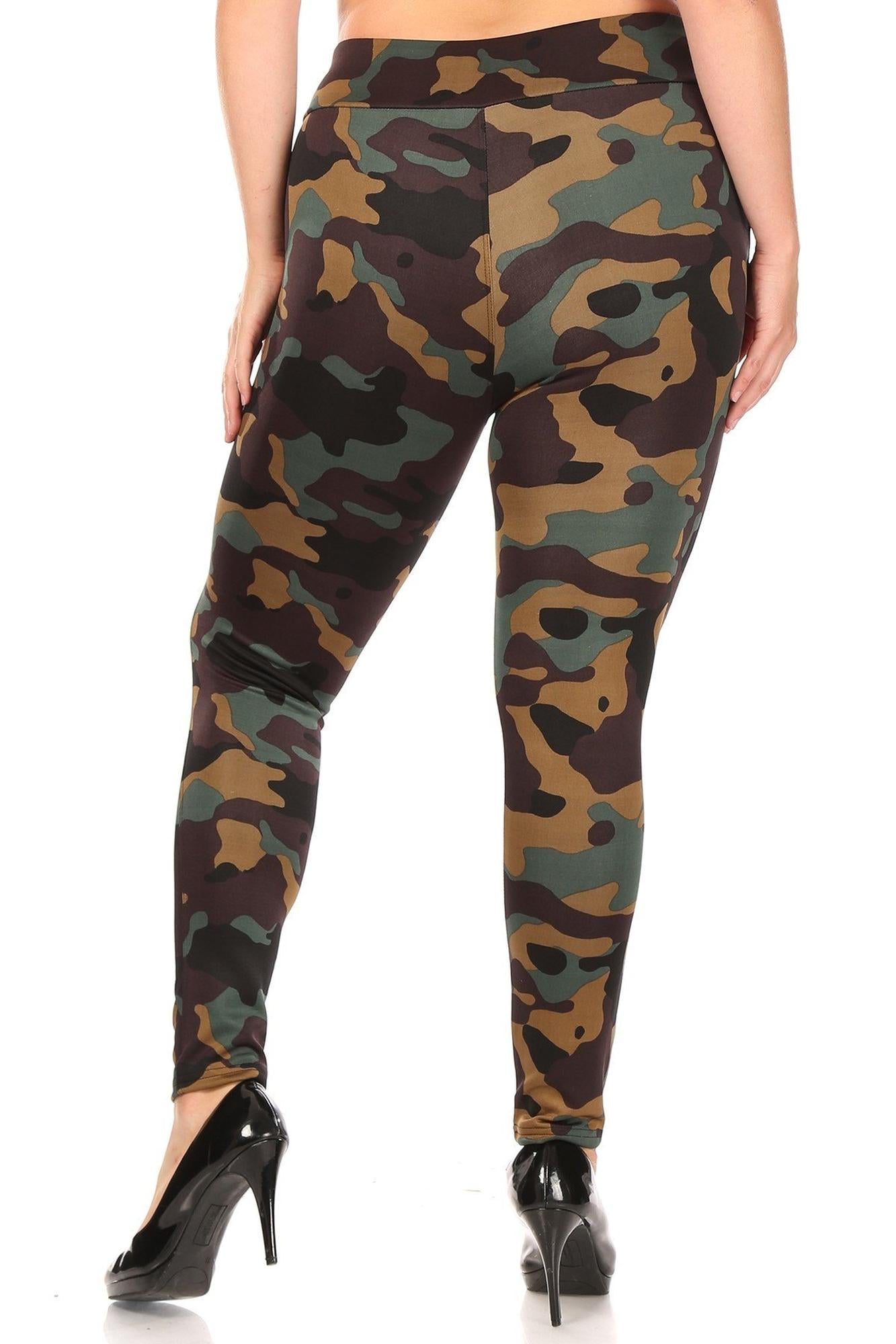 Brown Camouflage High Waisted Treggings with Zipper Accent Pockets - Plus Size - 1XL 2XL 3XL