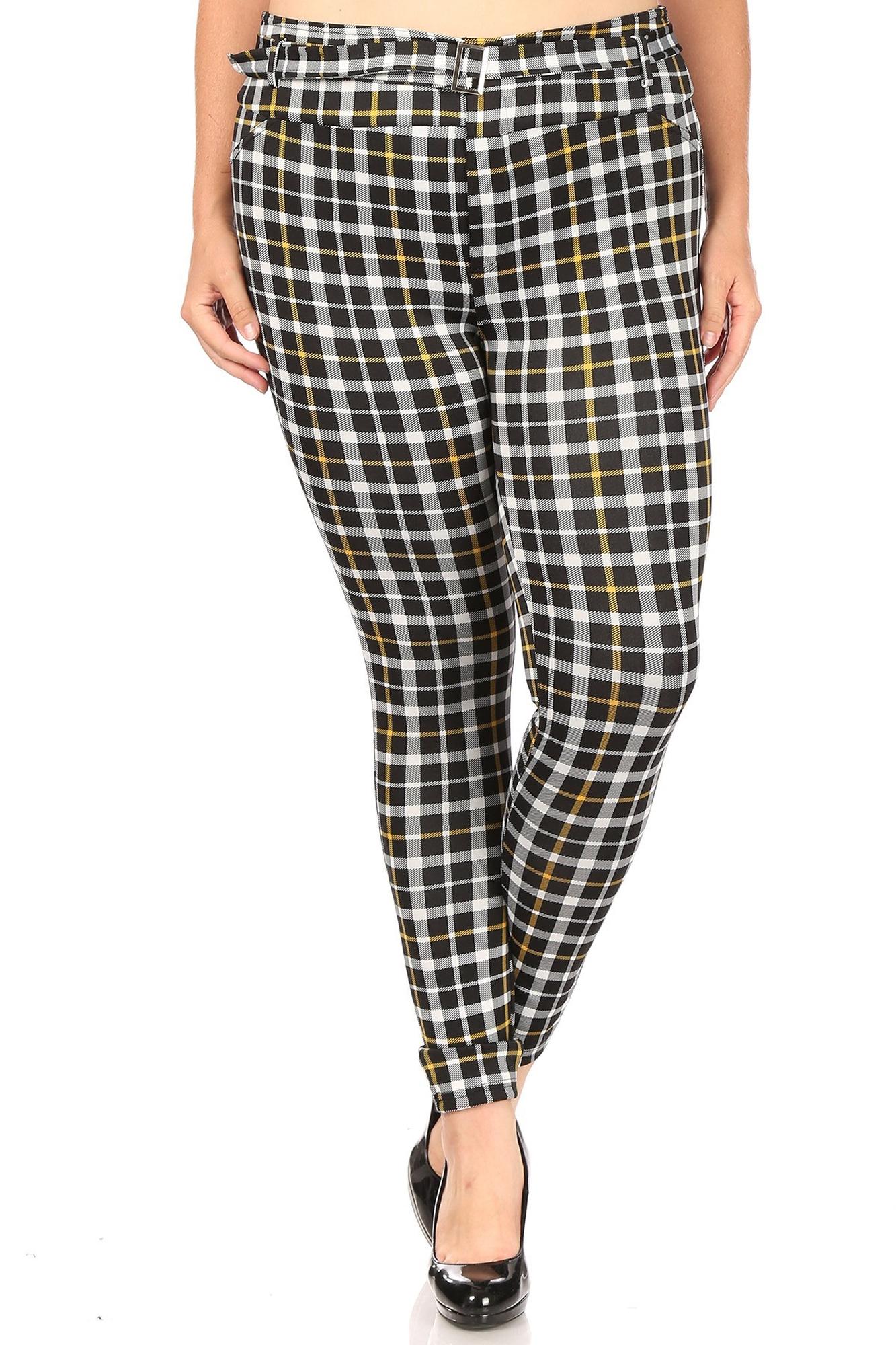 Belted Mustard Accent Plaid Treggings with Pockets - Plus Size - 1XL 2XL 3XL