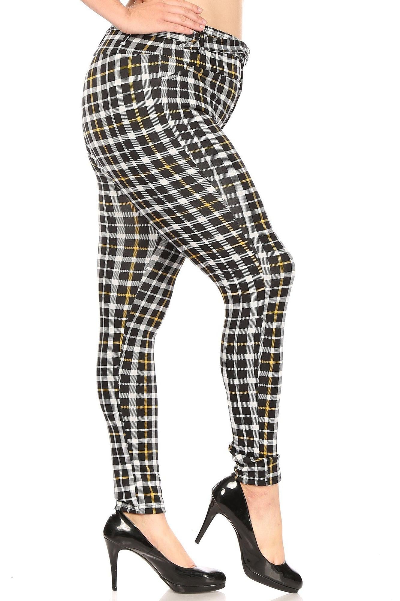 Belted Mustard Accent Plaid Treggings with Pockets - Plus Size - 1XL 2XL 3XL