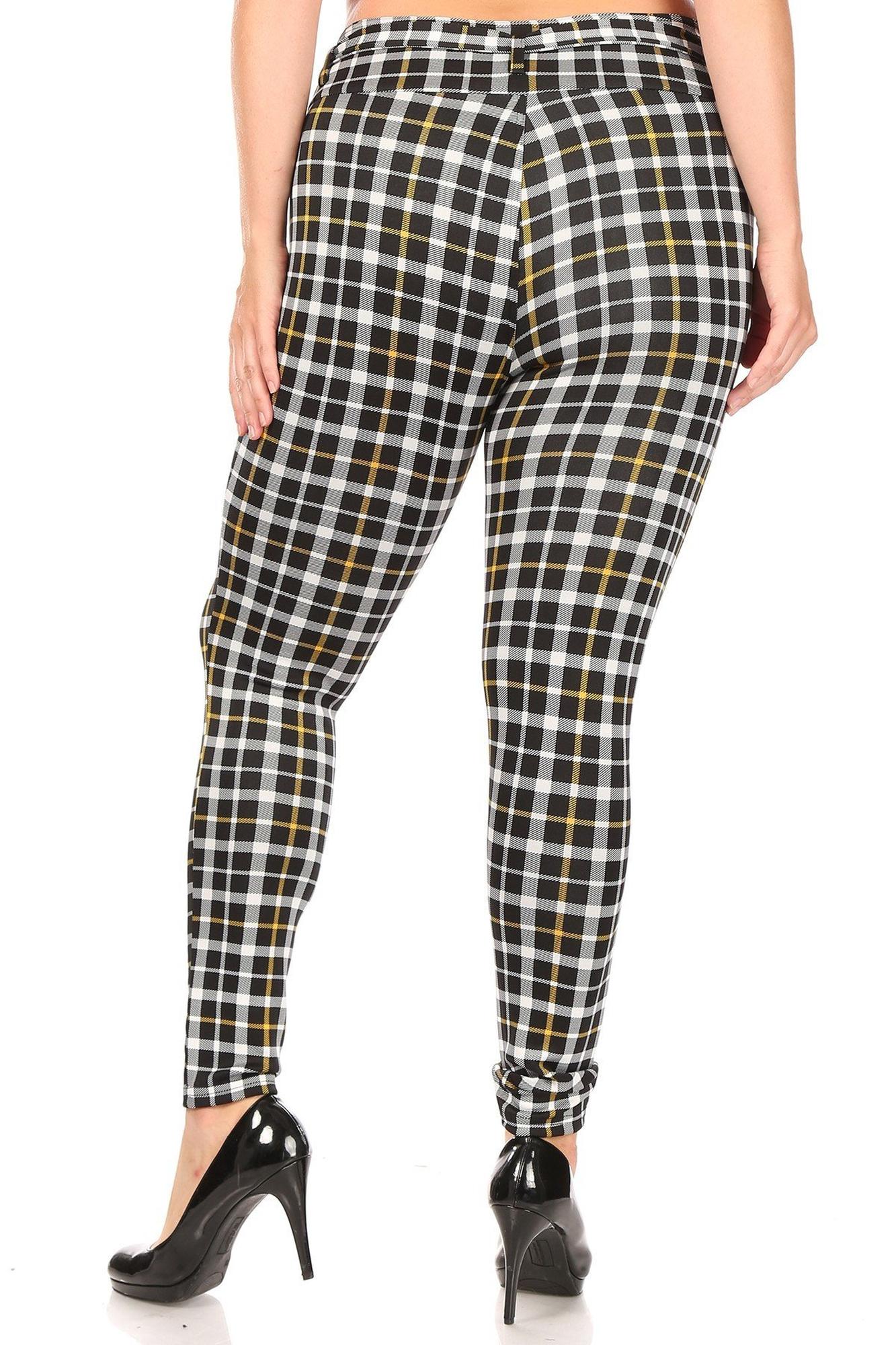 Belted Mustard Accent Plaid Treggings with Pockets - Plus Size - 1XL 2XL 3XL