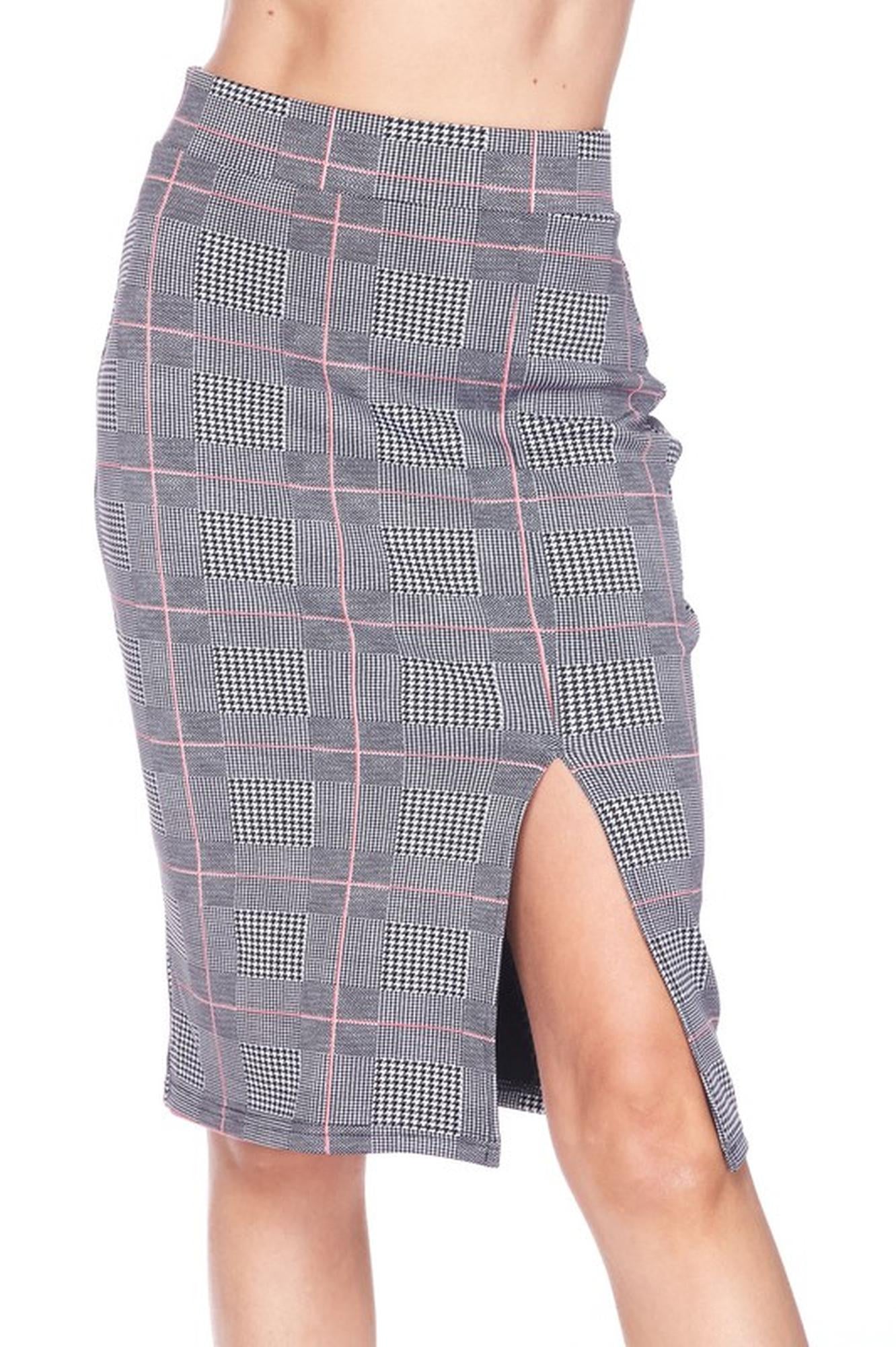 Silky Soft Scuba Coral Glen Plaid Plus Size Pencil Skirt with Front Slit