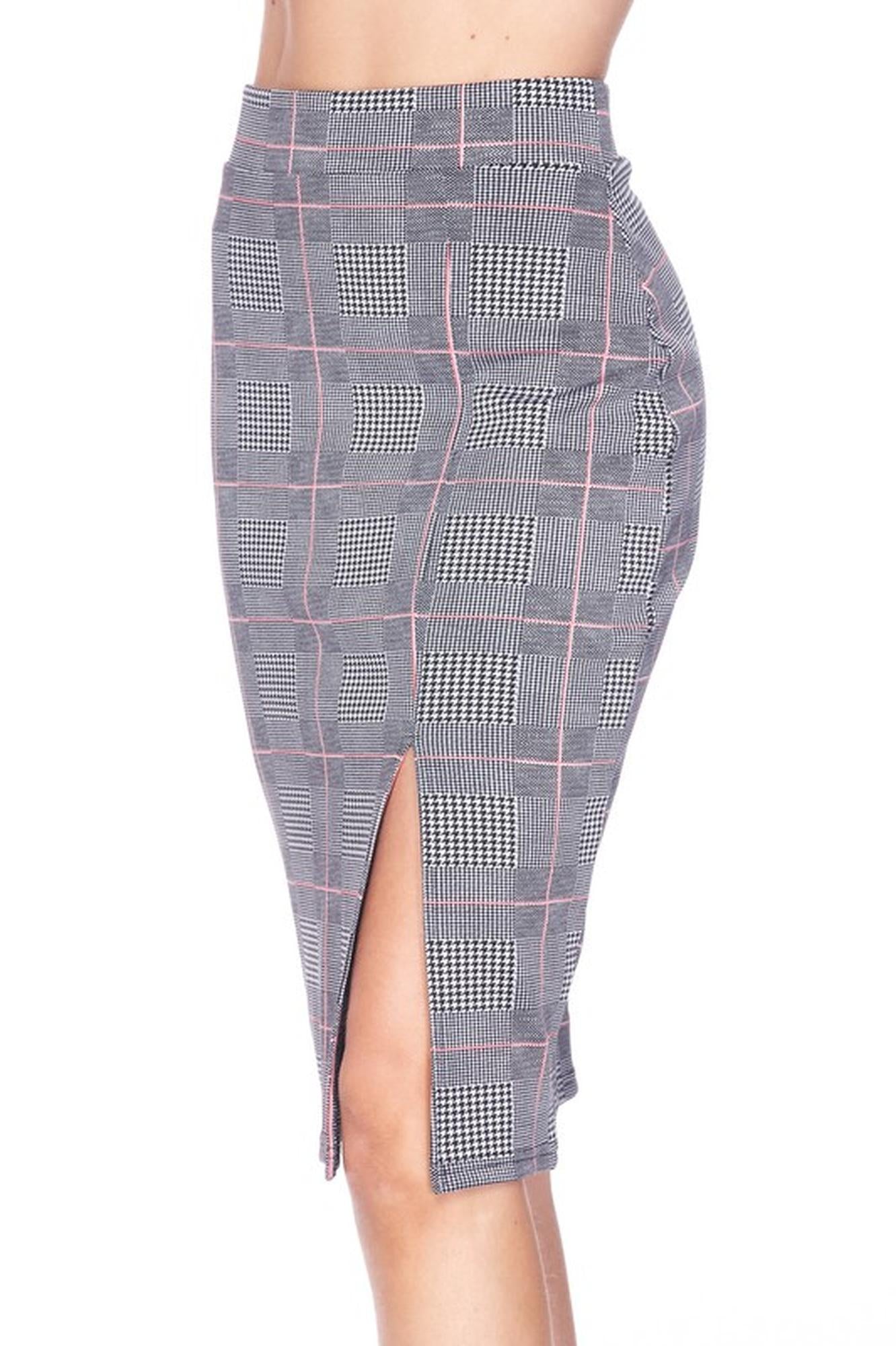 Silky Soft Scuba Coral Glen Plaid Plus Size Pencil Skirt with Front Slit