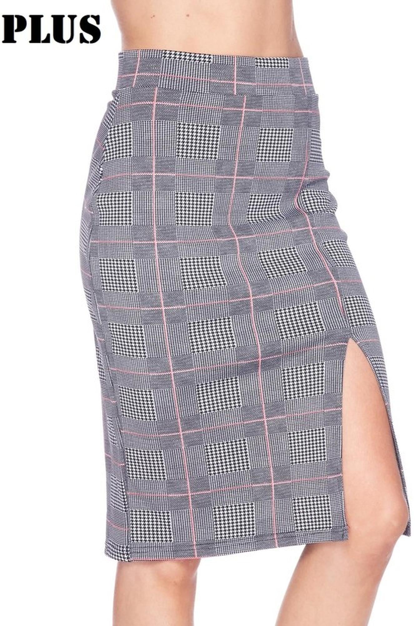 Silky Soft Scuba Coral Glen Plaid Plus Size Pencil Skirt with Front Slit