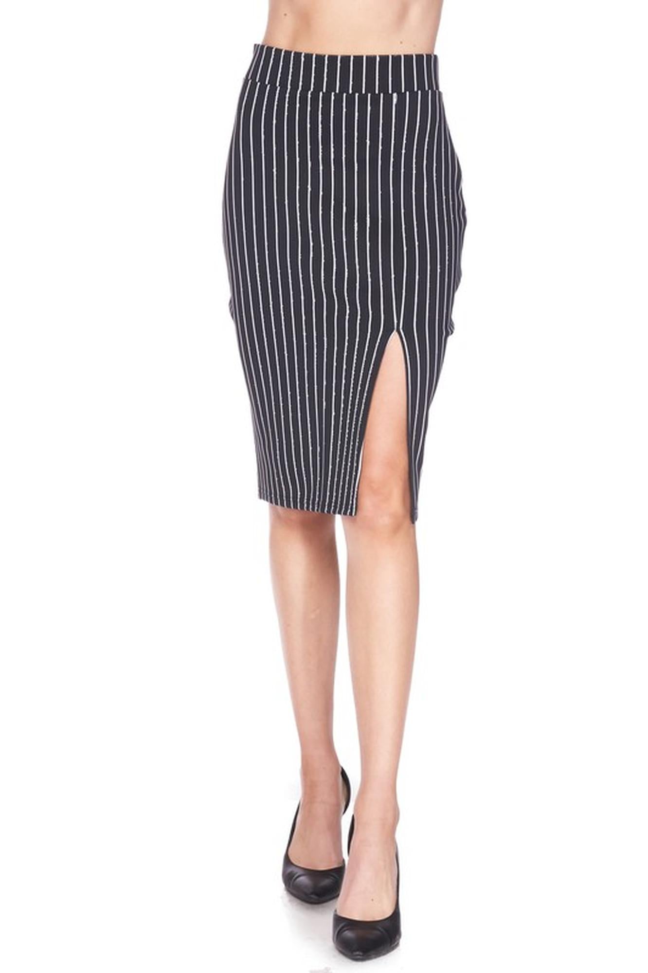 Silky Soft Scuba Black and White Pinstripe Plus Size Pencil Skirt with Front Slit