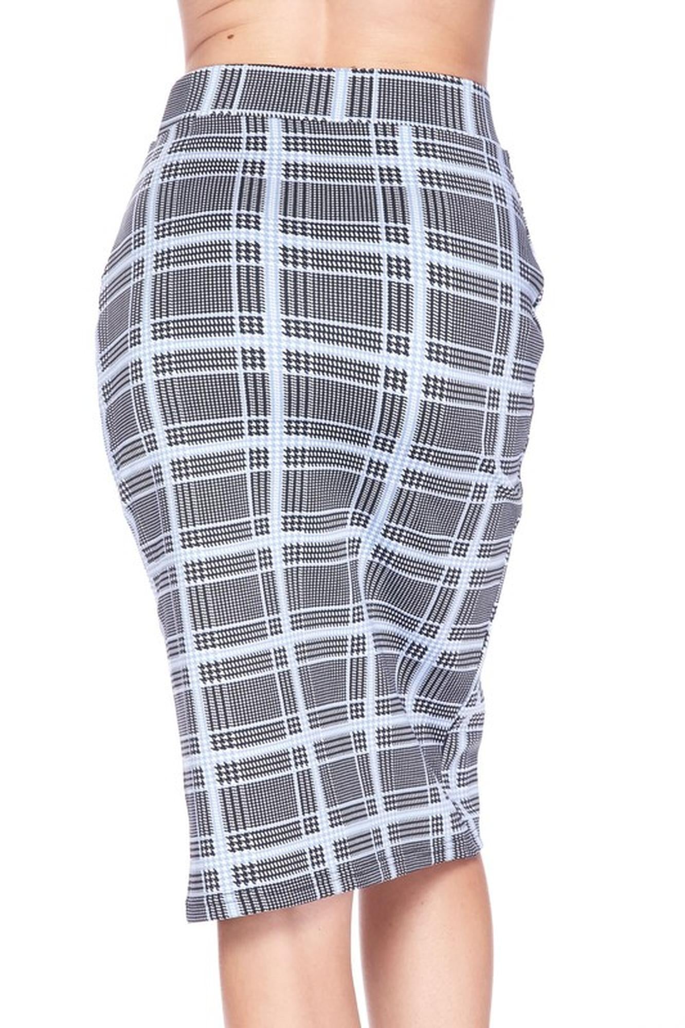 Silky Soft Scuba Baby Blue Glen Plaid Plus Size Pencil Skirt with Front Slit