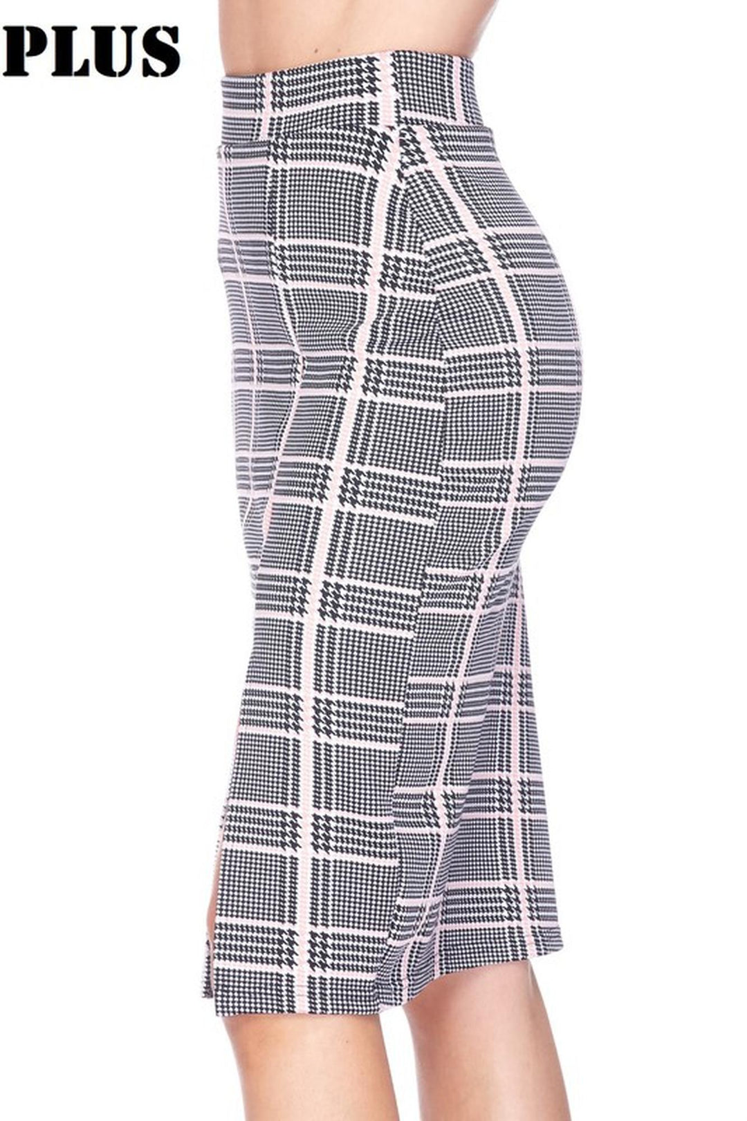 Silky Soft Scuba Baby Pink Glen Plaid Plus Size Pencil Skirt with Front Slit