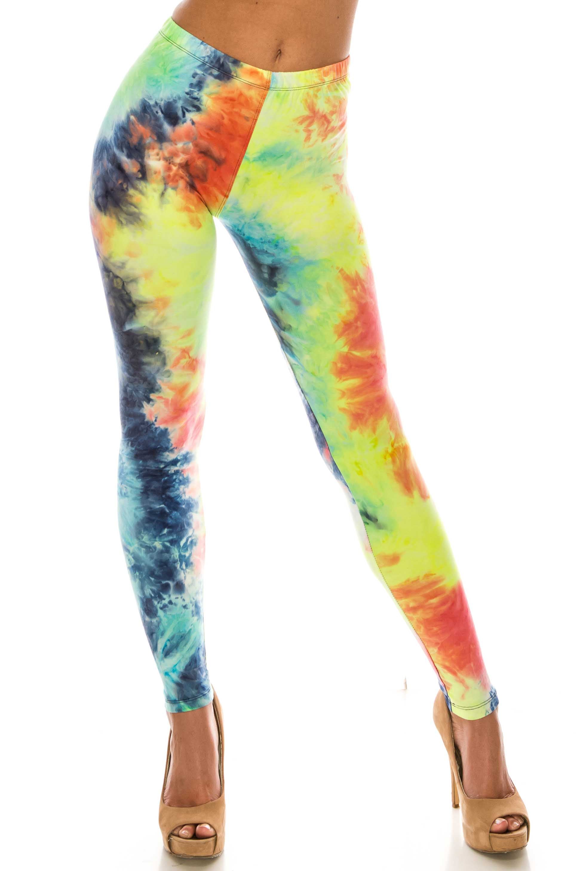 Buttery Soft Summer Yellow Tie Dye Plus Size Leggings (One Size Plus,Yellow)