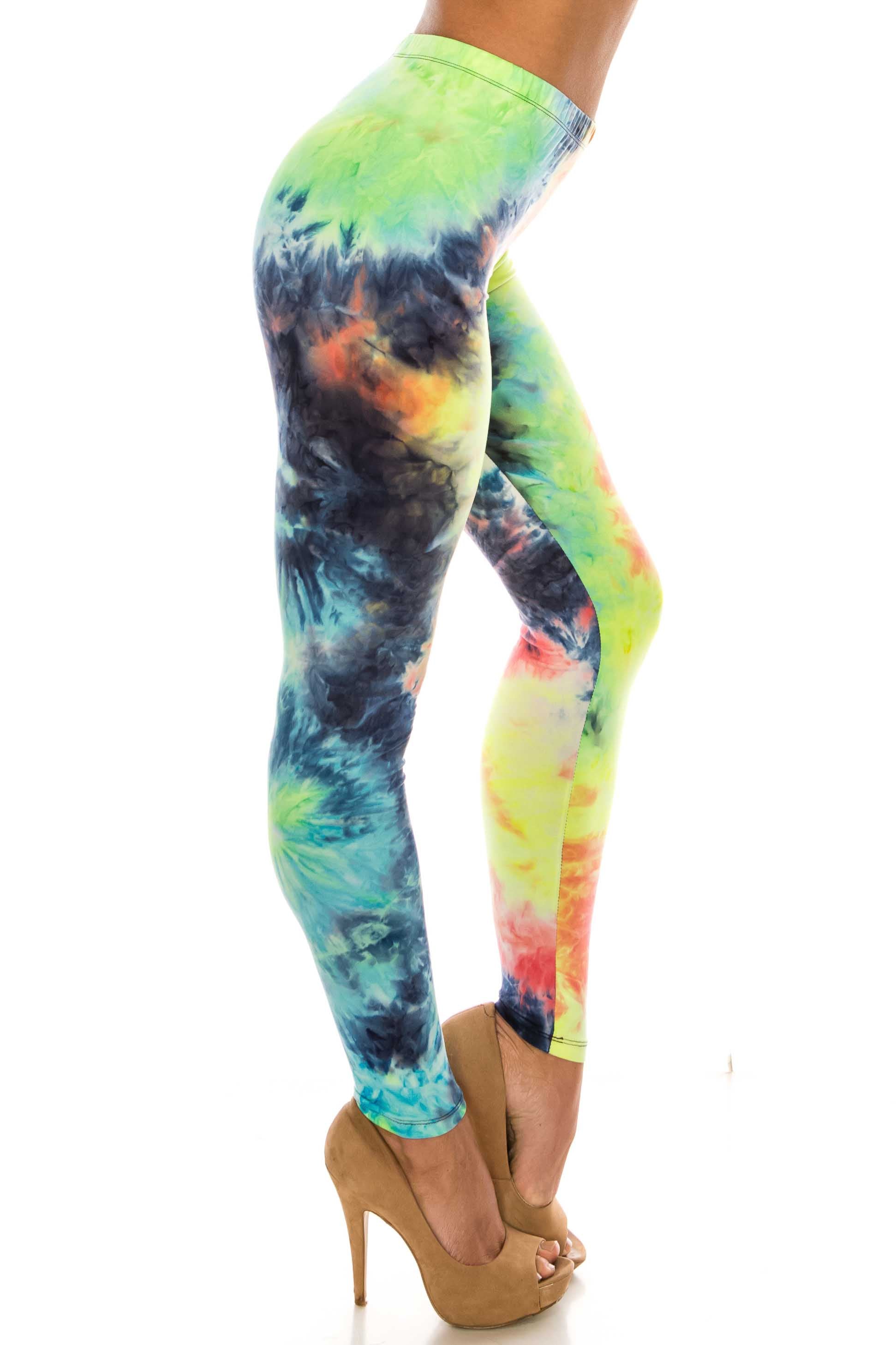 Buttery Soft Summer Yellow Tie Dye Plus Size Leggings (One Size Plus,Yellow)