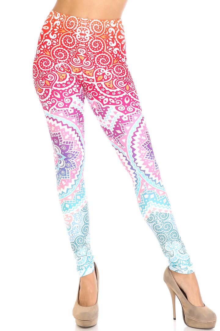 Plus Size - Creamy Soft Women's Laser Print Skin Smoothing Fashion Print Leggings - Ombre Mandala Aztec