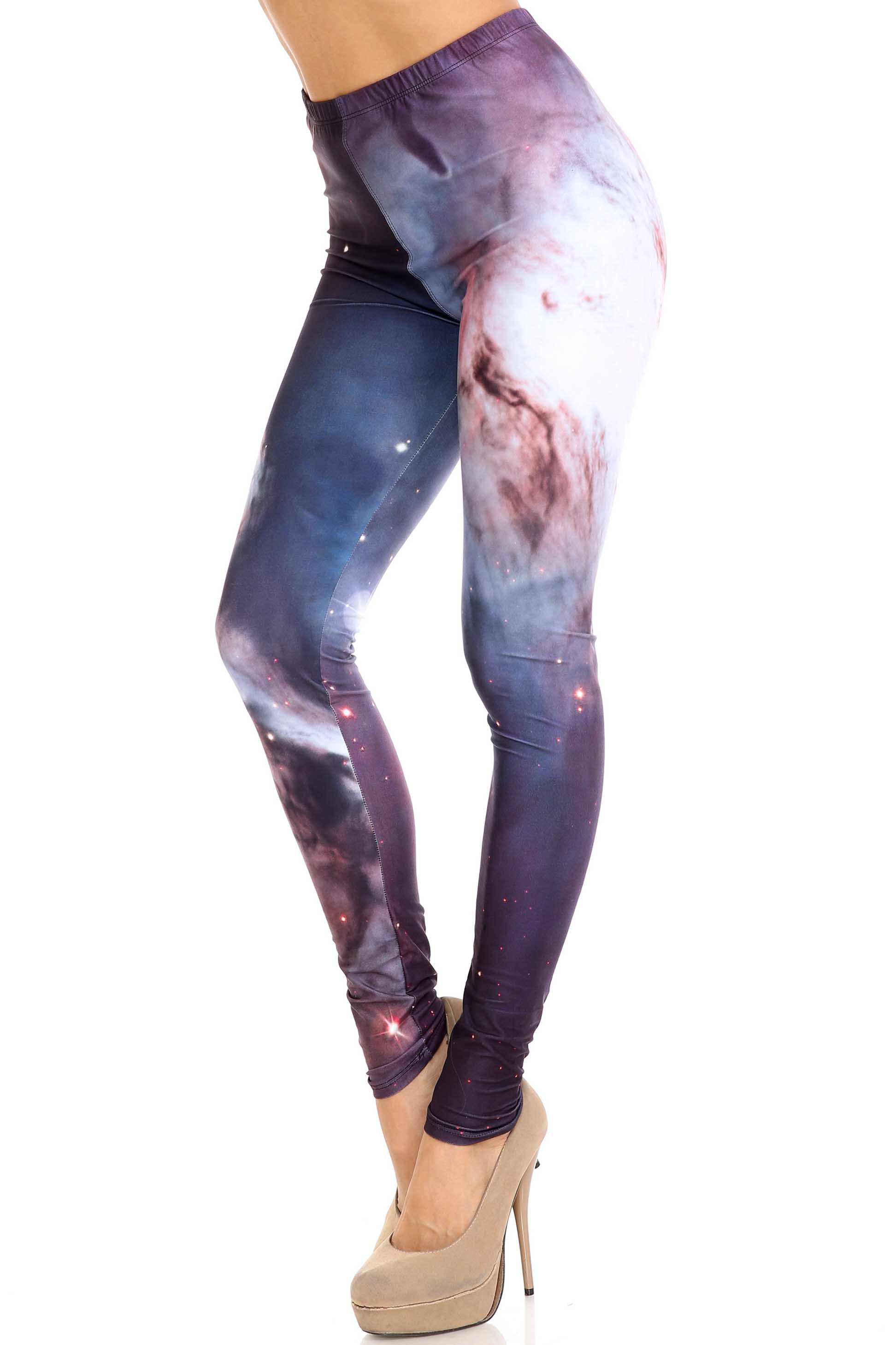 Plus Size - Creamy Soft Women's Laser Print Skin Smoothing Fashion Print Leggings - Black Galaxy