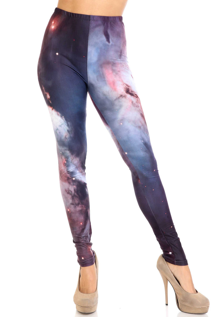 Plus Size - Creamy Soft Women's Laser Print Skin Smoothing Fashion Print Leggings - Black Galaxy