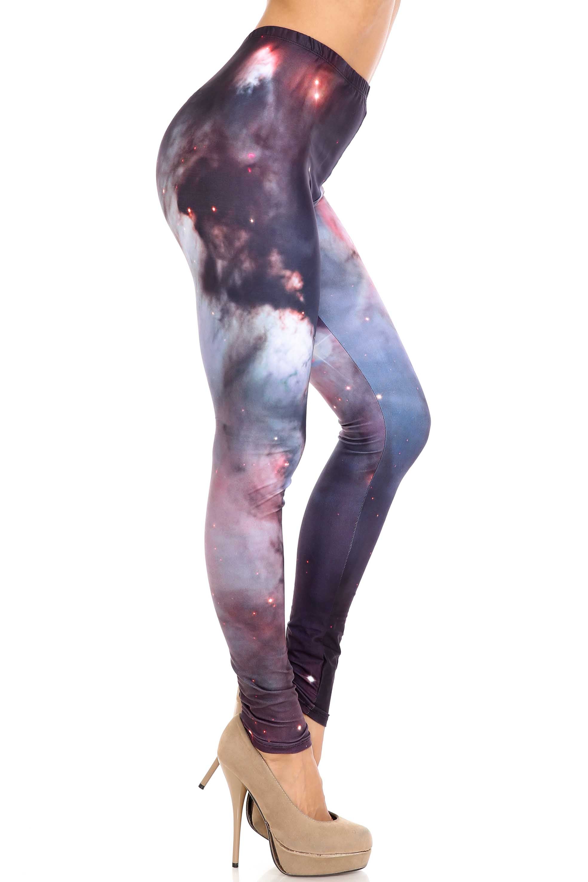 Plus Size - Creamy Soft Women's Laser Print Skin Smoothing Fashion Print Leggings - Black Galaxy