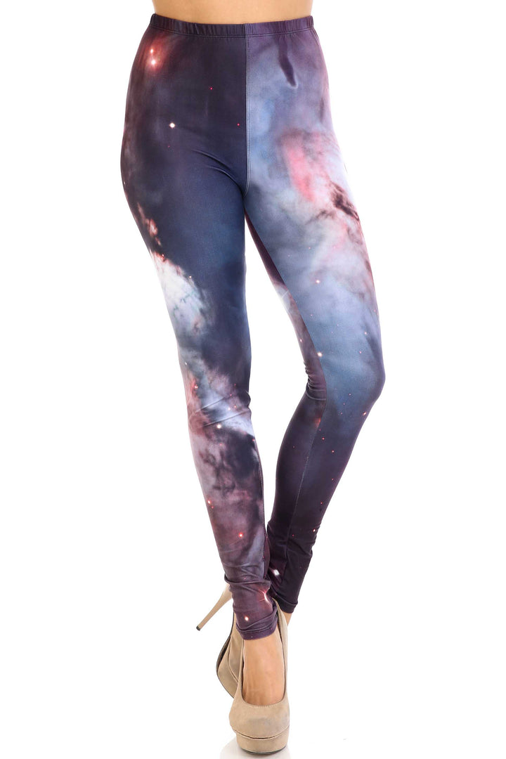 Plus Size - Creamy Soft Women's Laser Print Skin Smoothing Fashion Print Leggings - Black Galaxy