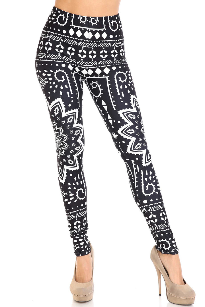 Plus Size - Creamy Soft Women's Laser Print Skin Smoothing Fashion Print Leggings - Black Tribal Mandala