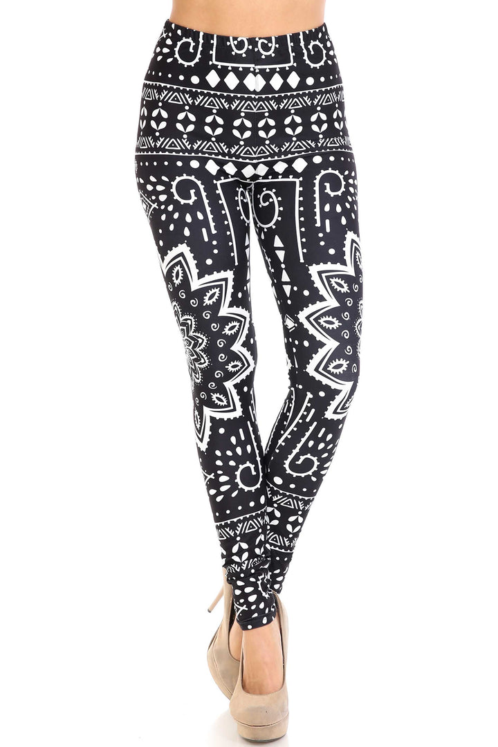 Plus Size - Creamy Soft Women's Laser Print Skin Smoothing Fashion Print Leggings - Black Tribal Mandala