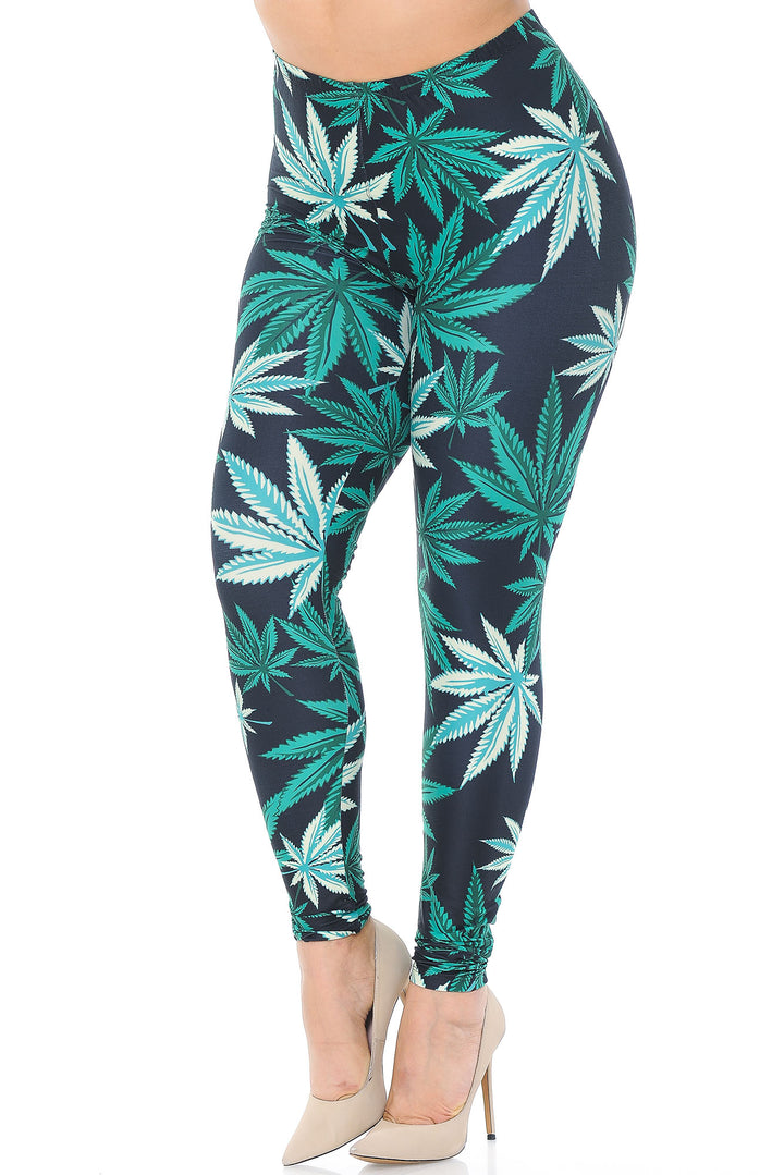 Plus Size - Creamy Soft Women's Laser Print Skin Smoothing Fashion Print Leggings - Black Weed