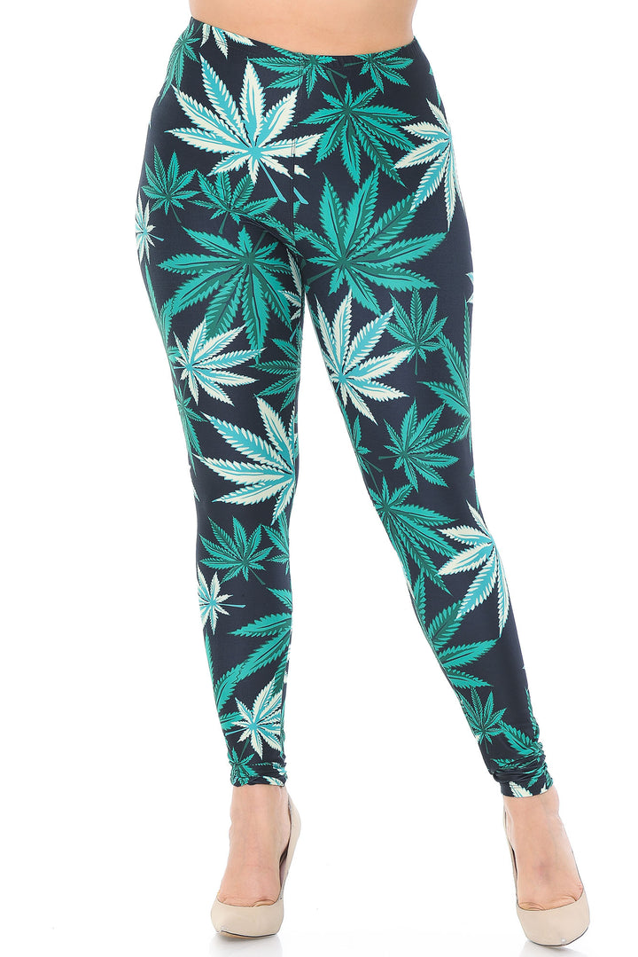 Plus Size - Creamy Soft Women's Laser Print Skin Smoothing Fashion Print Leggings - Black Weed