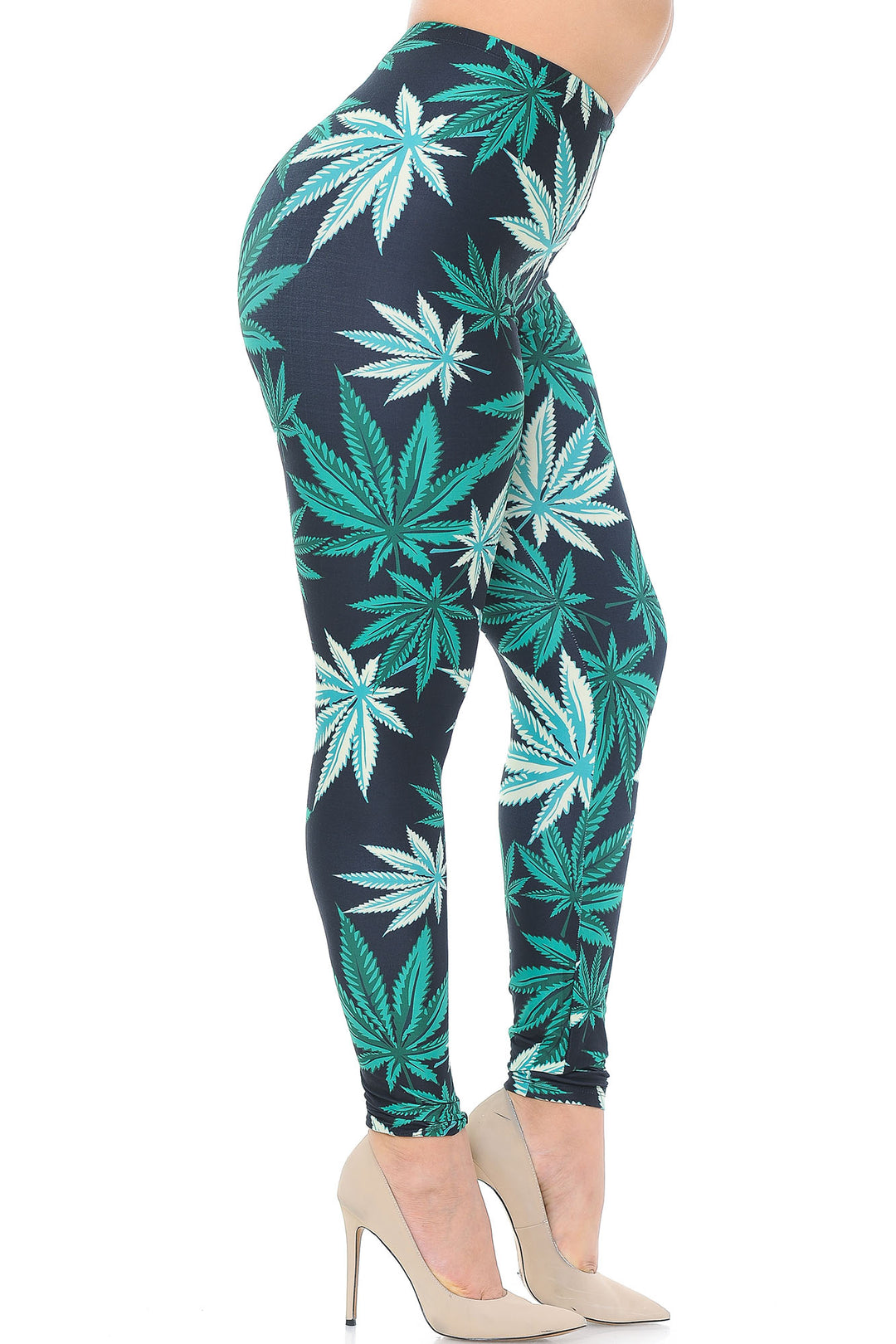 Plus Size - Creamy Soft Women's Laser Print Skin Smoothing Fashion Print Leggings - Black Weed