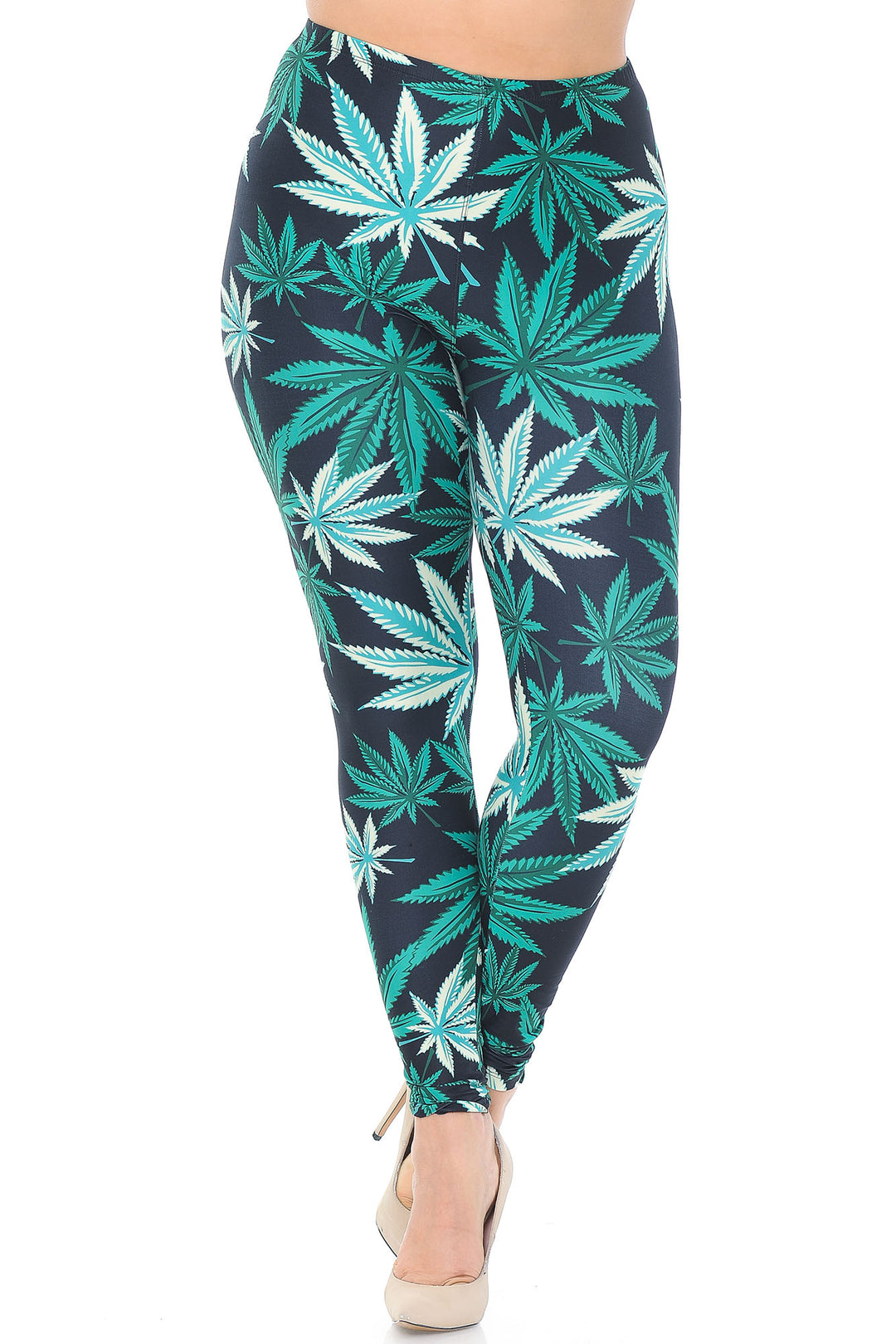 Plus Size - Creamy Soft Women's Laser Print Skin Smoothing Fashion Print Leggings - Black Weed