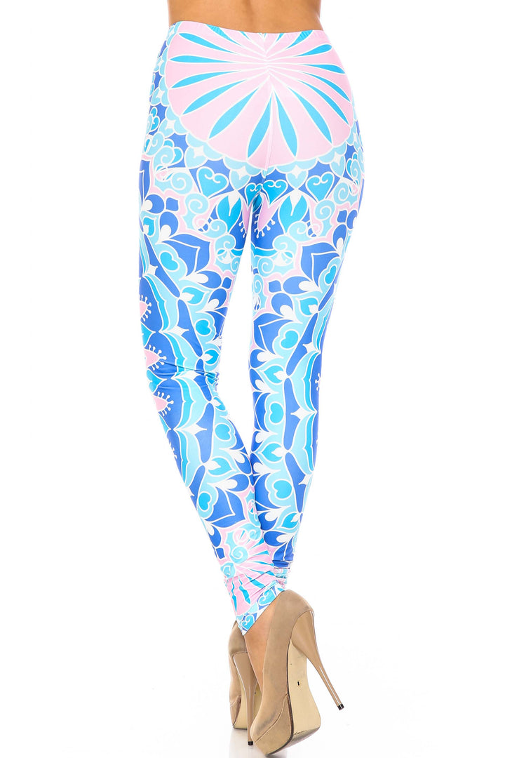 Plus Size - Creamy Soft Women's Laser Print Skin Smoothing Fashion Print Leggings - Bursting Blue Mandala