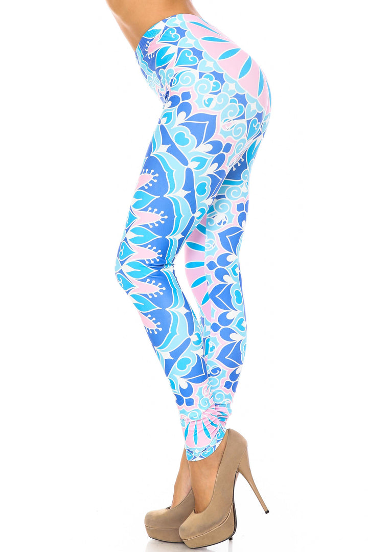 Plus Size - Creamy Soft Women's Laser Print Skin Smoothing Fashion Print Leggings - Bursting Blue Mandala