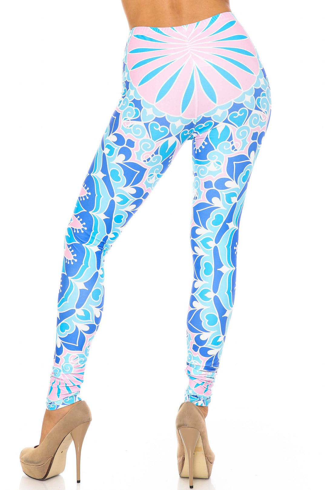Plus Size - Creamy Soft Women's Laser Print Skin Smoothing Fashion Print Leggings - Bursting Blue Mandala