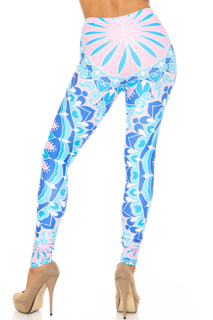 Plus Size - Creamy Soft Women's Laser Print Skin Smoothing Fashion Print Leggings - Bursting Blue Mandala