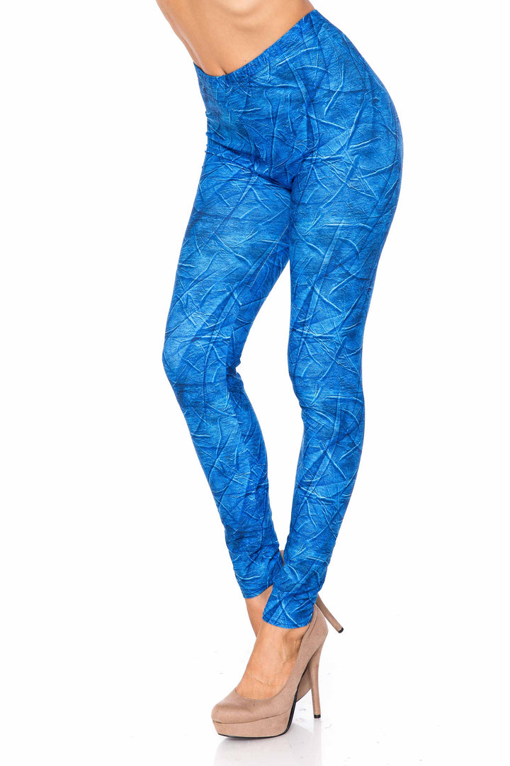 Plus Size - Creamy Soft Women's Laser Print Skin Smoothing Fashion Print Leggings - Blue Wrinkled Denim