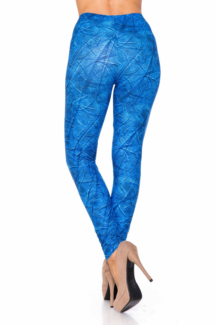 Plus Size - Creamy Soft Women's Laser Print Skin Smoothing Fashion Print Leggings - Blue Wrinkled Denim