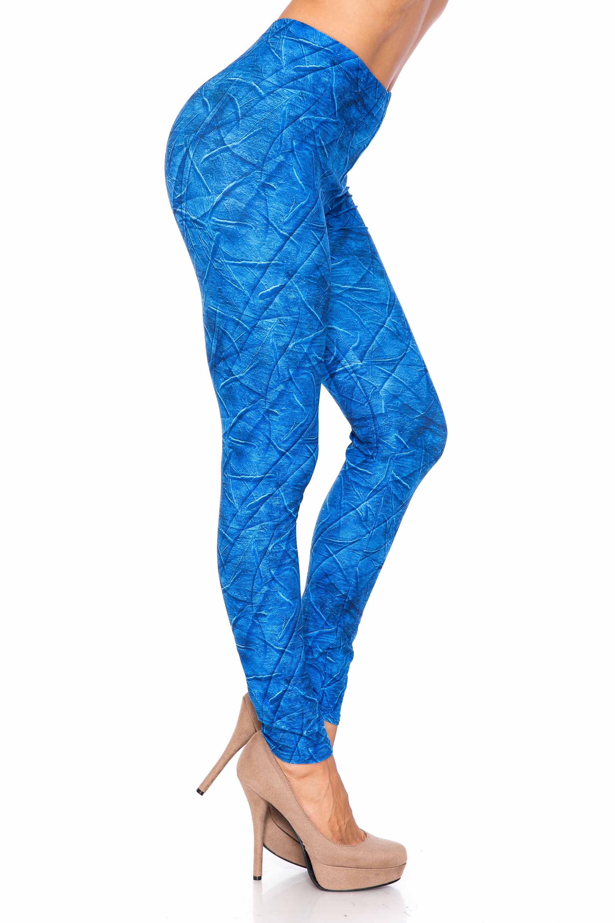 Plus Size - Creamy Soft Women's Laser Print Skin Smoothing Fashion Print Leggings - Blue Wrinkled Denim