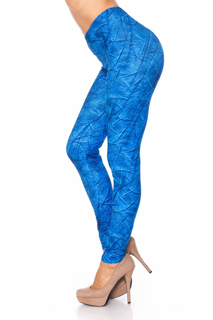 Plus Size - Creamy Soft Women's Laser Print Skin Smoothing Fashion Print Leggings - Blue Wrinkled Denim