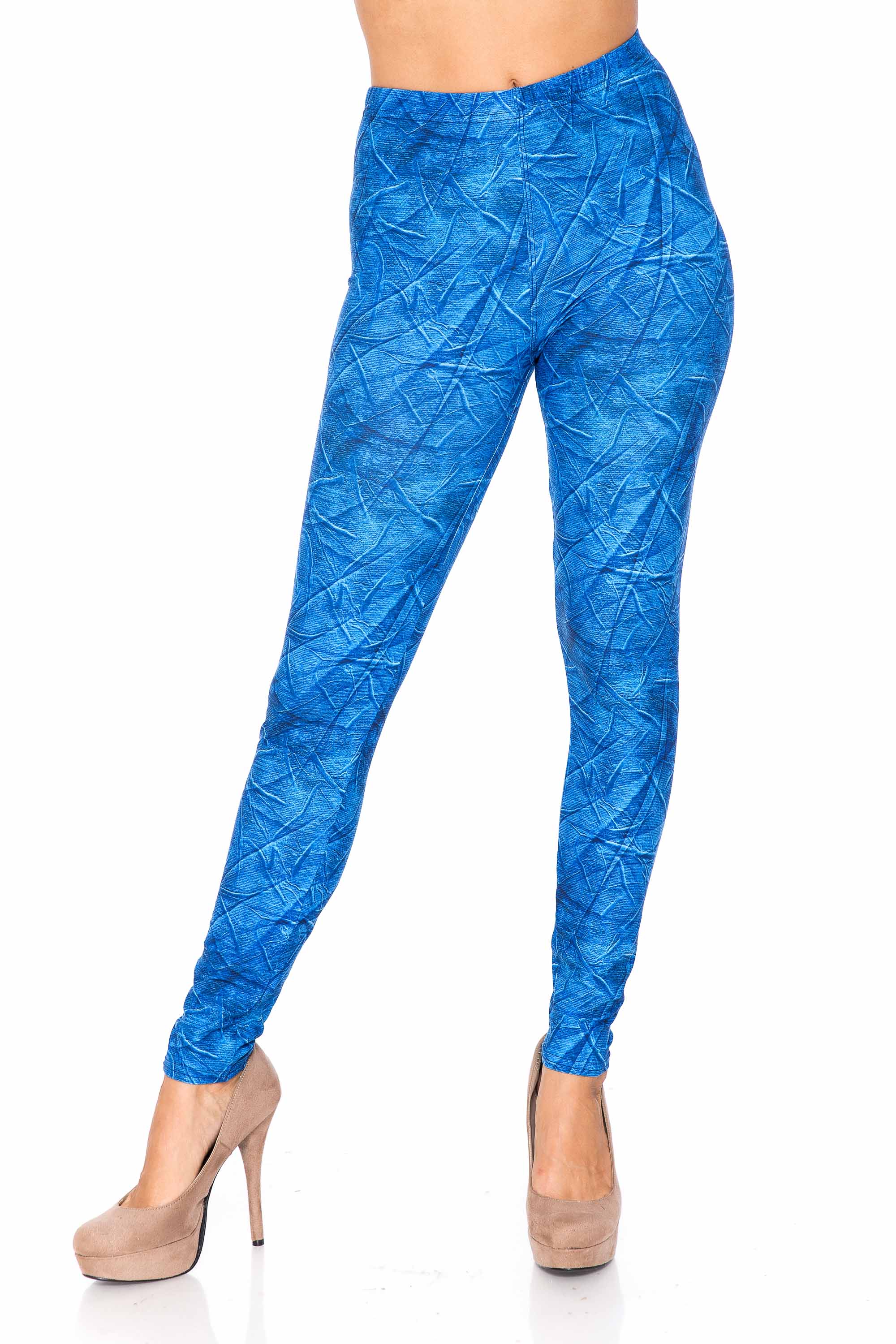 Plus Size - Creamy Soft Women's Laser Print Skin Smoothing Fashion Print Leggings - Blue Wrinkled Denim