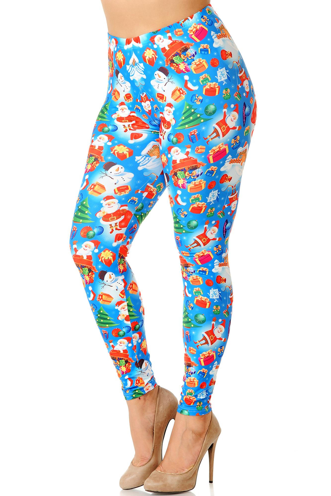 Creamy Soft Festive Blue Christmas Plus Size Leggings (One Size Plus,Blue)