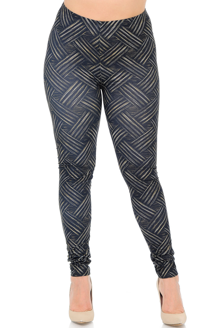 Plus Size - Creamy Soft Women's Laser Print Skin Smoothing Fashion Print Leggings - Bronzed Banded Crisscross