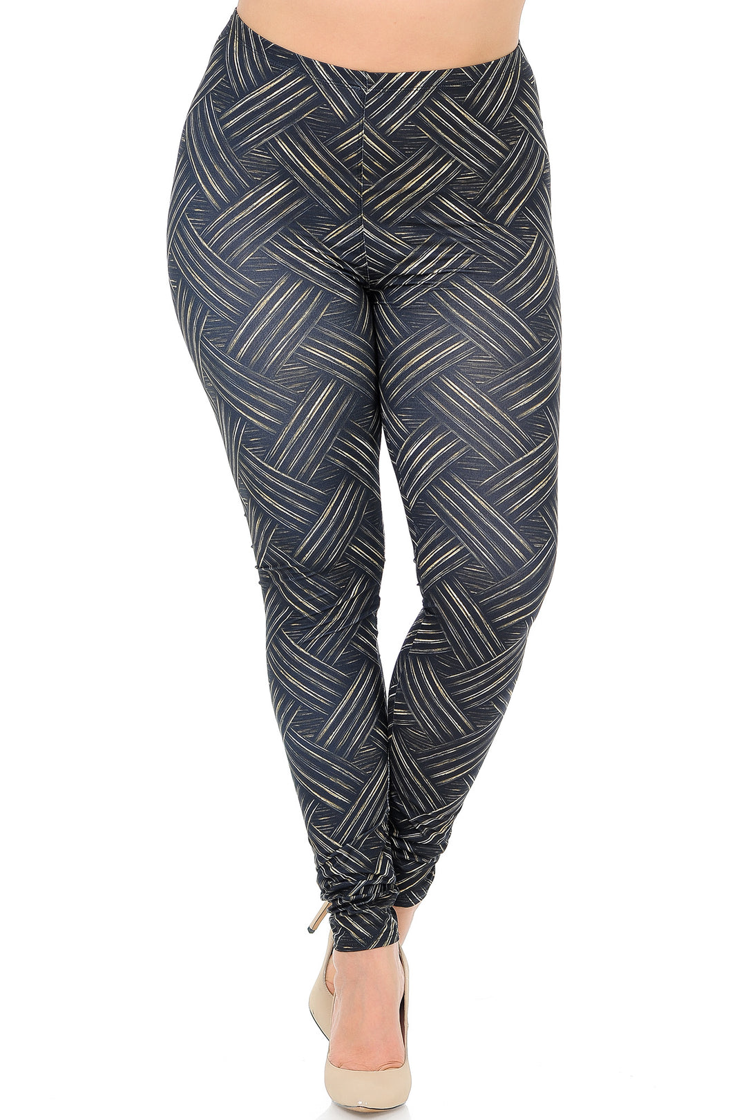 Plus Size - Creamy Soft Women's Laser Print Skin Smoothing Fashion Print Leggings - Bronzed Banded Crisscross