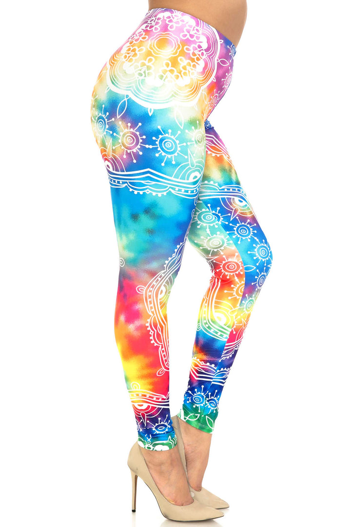 Plus Size - Creamy Soft Women's Laser Print Skin Smoothing Fashion Print Leggings - California Tie Dye