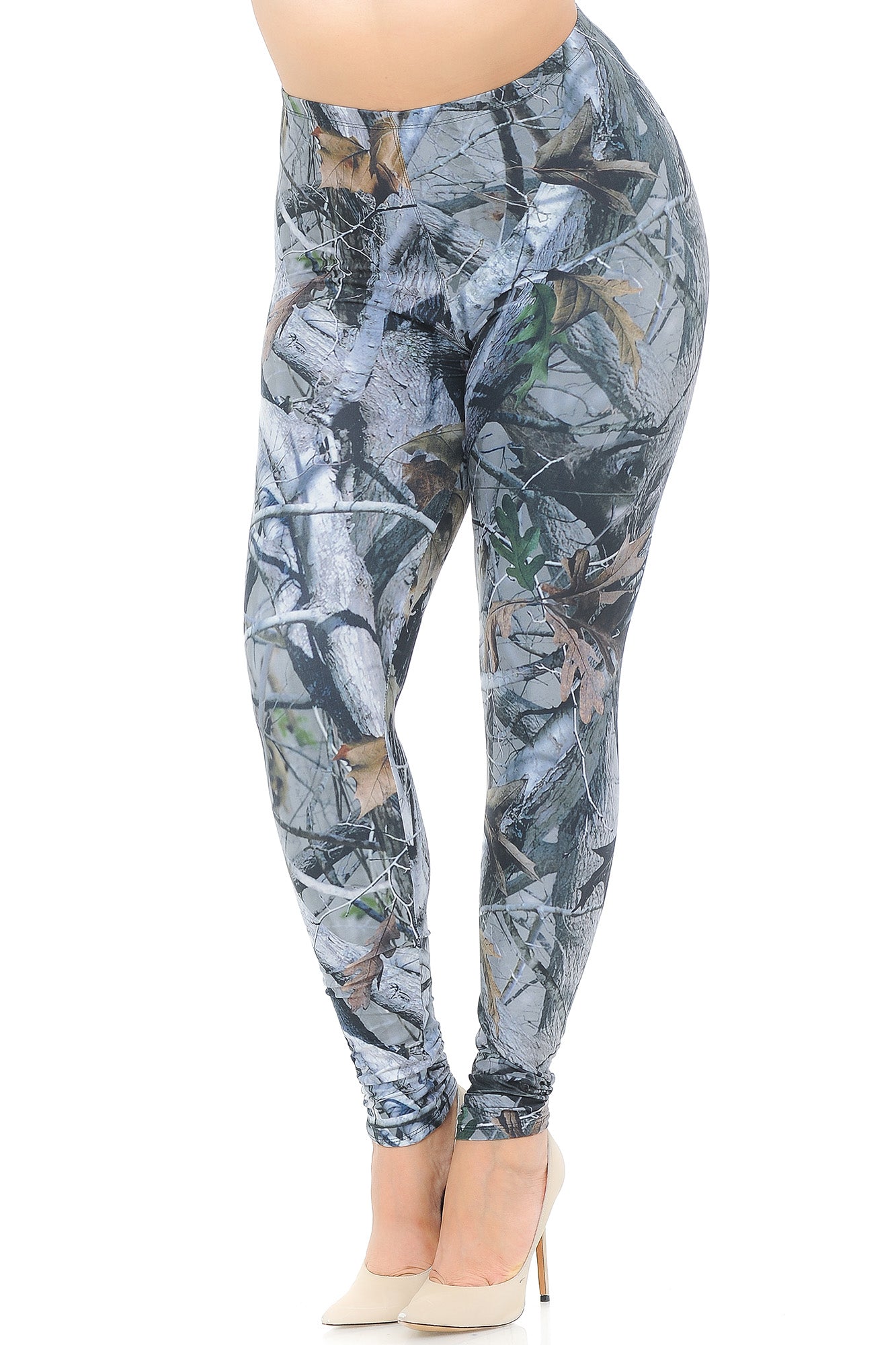 Plus Size - Creamy Soft Women's Laser Print Skin Smoothing Fashion Print Leggings - Camouflage Trees