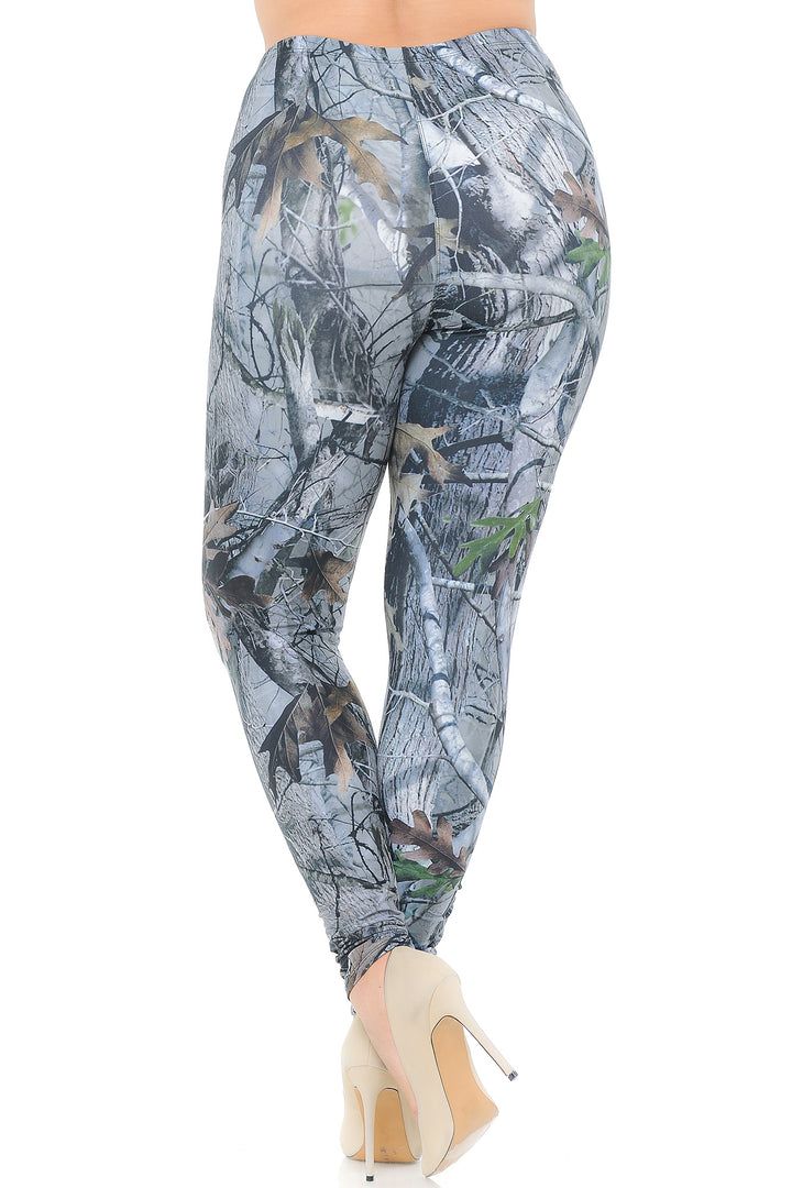 Plus Size - Creamy Soft Women's Laser Print Skin Smoothing Fashion Print Leggings - Camouflage Trees