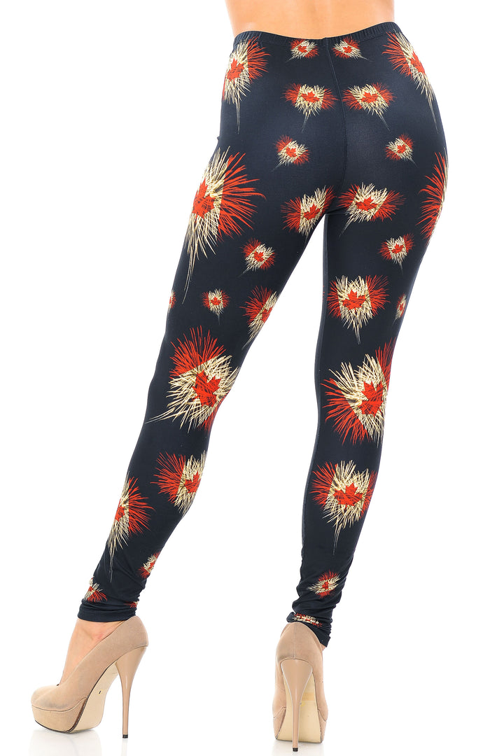 Creamy Soft Premium Women's Leggings Canadian Flag Fireworks Plus Size, High Rise, Stretchy & Breathable, Comfortable Fit - by USA Fashion