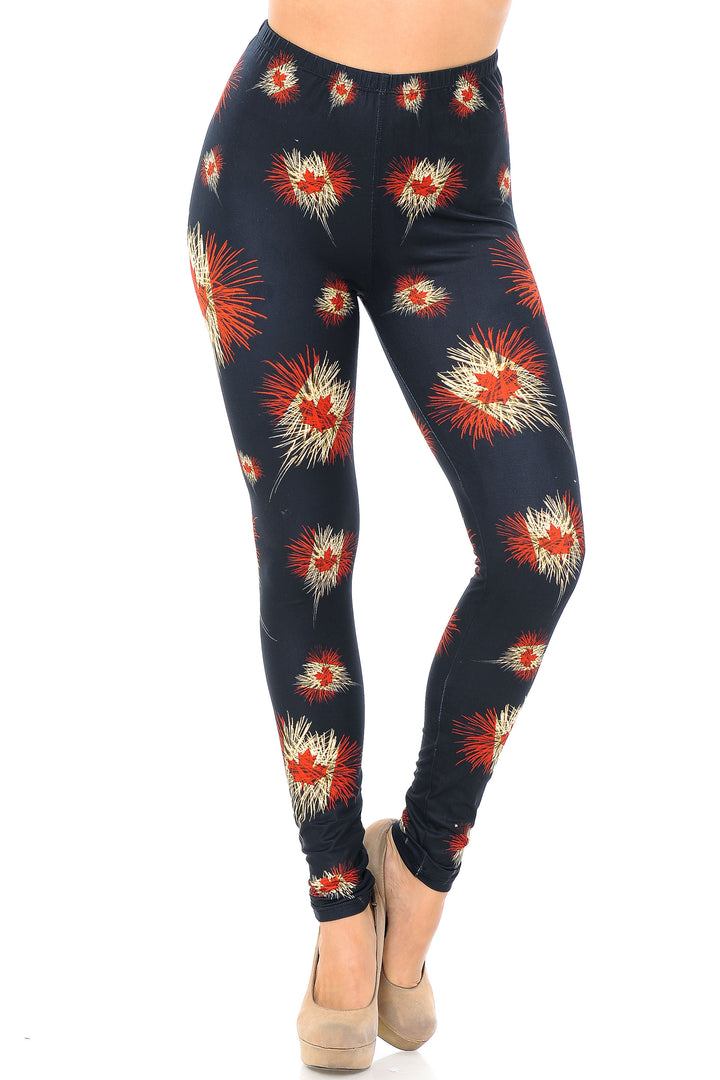 Creamy Soft Premium Women's Leggings Canadian Flag Fireworks Plus Size, High Rise, Stretchy & Breathable, Comfortable Fit - by USA Fashion