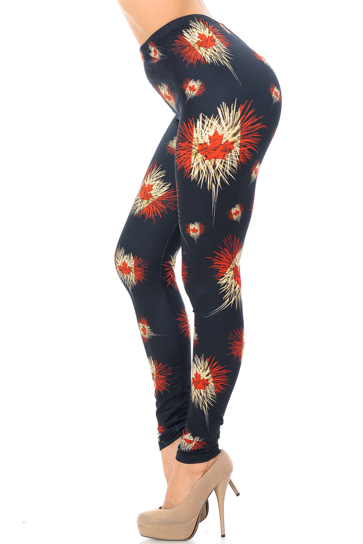 Creamy Soft Premium Women's Leggings Canadian Flag Fireworks Plus Size, High Rise, Stretchy & Breathable, Comfortable Fit - by USA Fashion