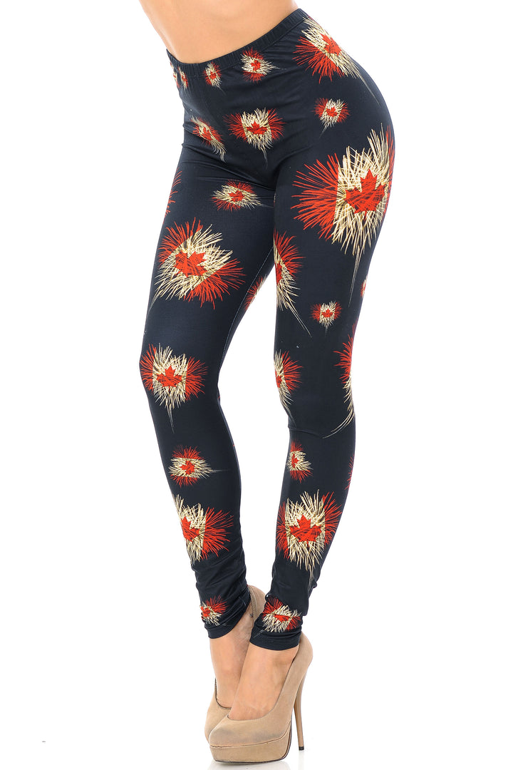 Creamy Soft Premium Women's Leggings Canadian Flag Fireworks Plus Size, High Rise, Stretchy & Breathable, Comfortable Fit - by USA Fashion