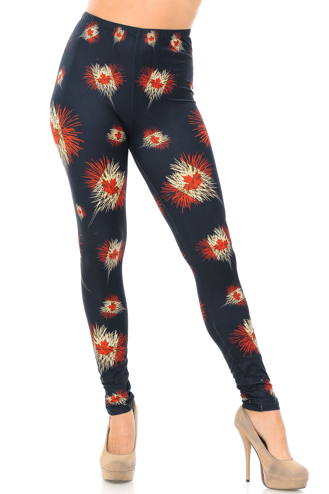 Creamy Soft Premium Women's Leggings Canadian Flag Fireworks Plus Size, High Rise, Stretchy & Breathable, Comfortable Fit - by USA Fashion