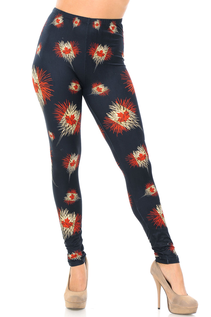 Creamy Soft Premium Women's Leggings Canadian Flag Fireworks Plus Size, High Rise, Stretchy & Breathable, Comfortable Fit - by USA Fashion