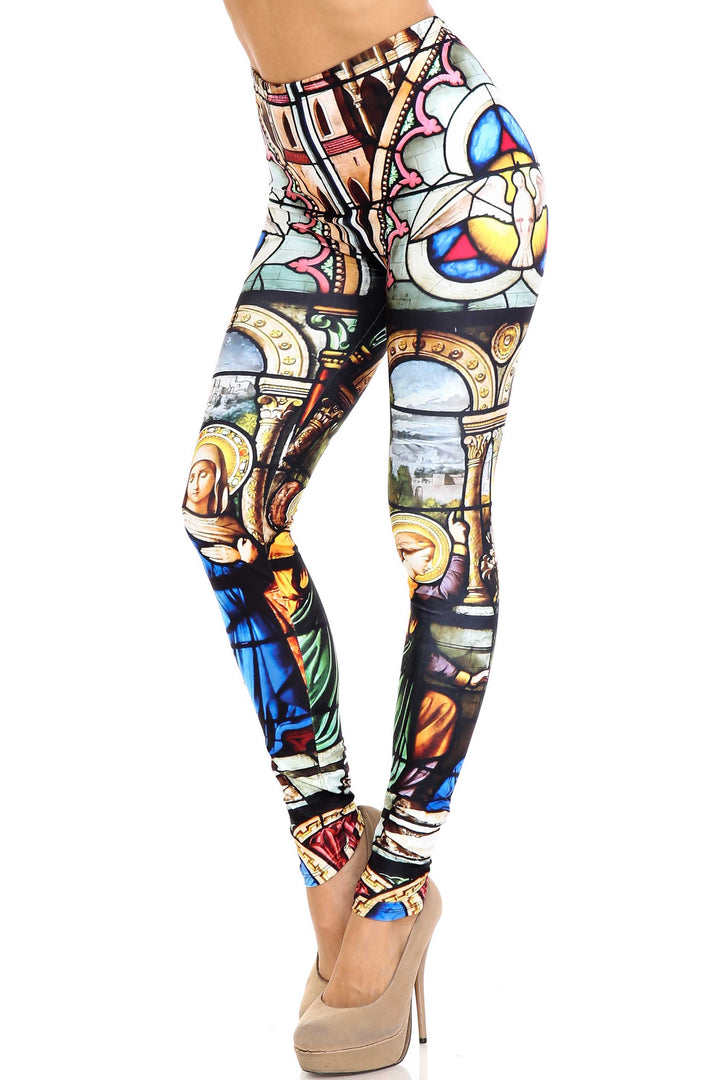 Plus Size - Creamy Soft Women's Laser Print Skin Smoothing Fashion Print Leggings - Stained Glass Cathedral