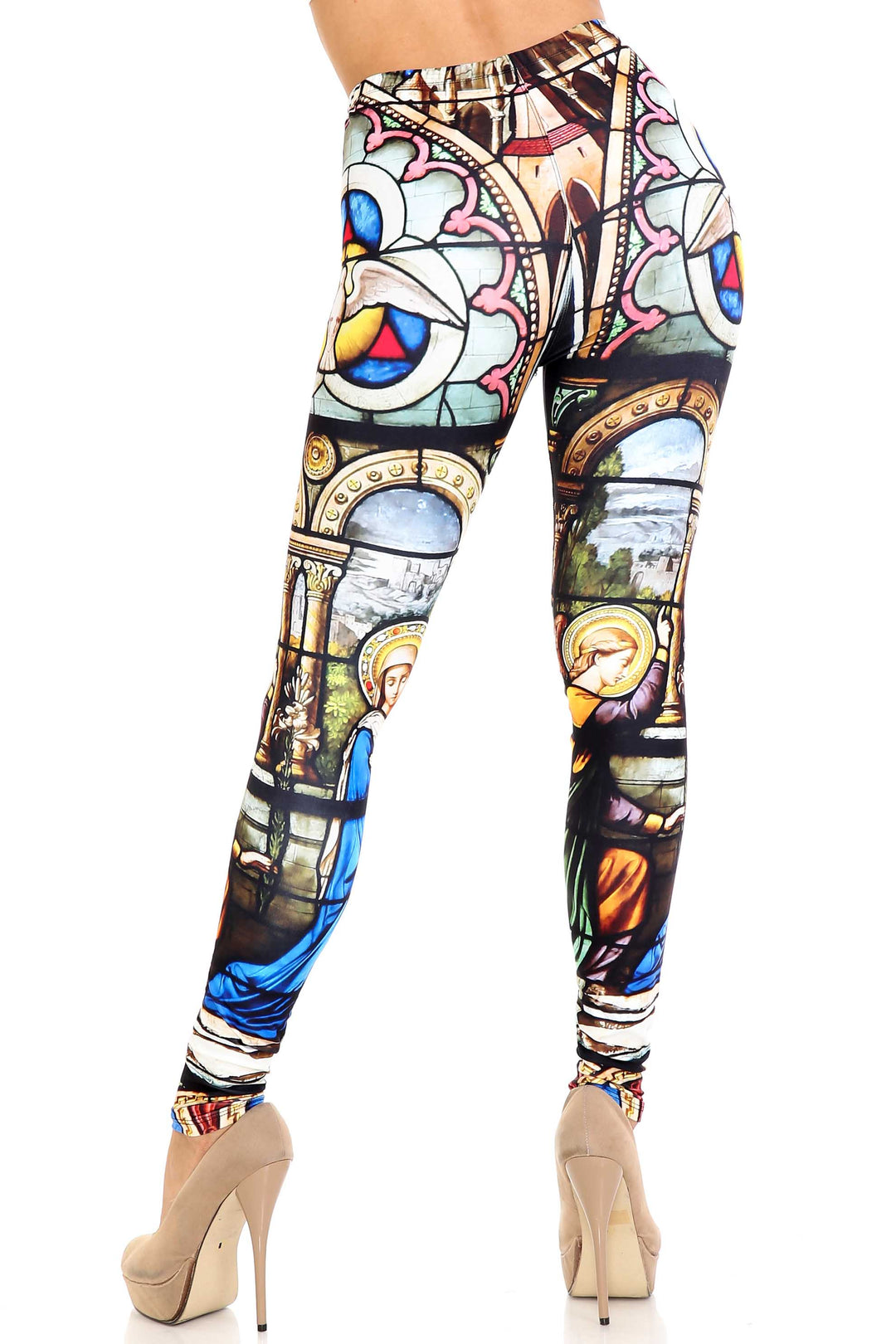 Plus Size - Creamy Soft Women's Laser Print Skin Smoothing Fashion Print Leggings - Stained Glass Cathedral