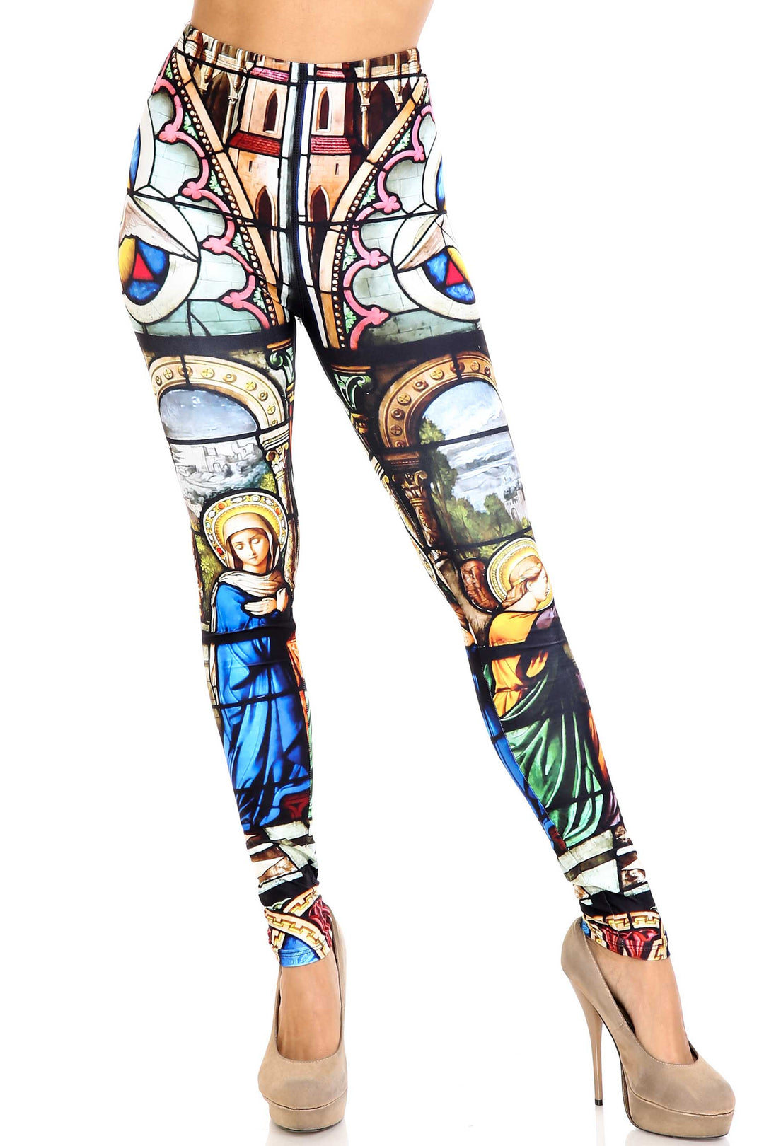 Plus Size - Creamy Soft Women's Laser Print Skin Smoothing Fashion Print Leggings - Stained Glass Cathedral
